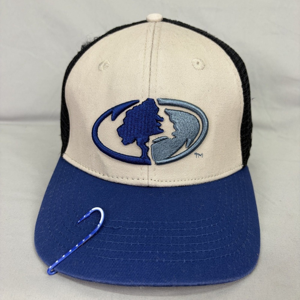 Mossy Oak Fishing Trucker Hat Mens L/XL Blue Tan Mesh Back Fish Hook Cap